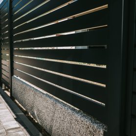 Modern panel fencing in anthracite color, visible spans and a wicket, forest in the background.